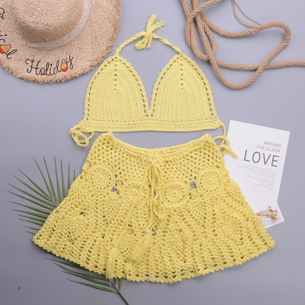 Hollowed out Lotus Bud Short Skirt Split Hand Woven Beach Swimsuit Vacation Two Piece Sets Bella Mia