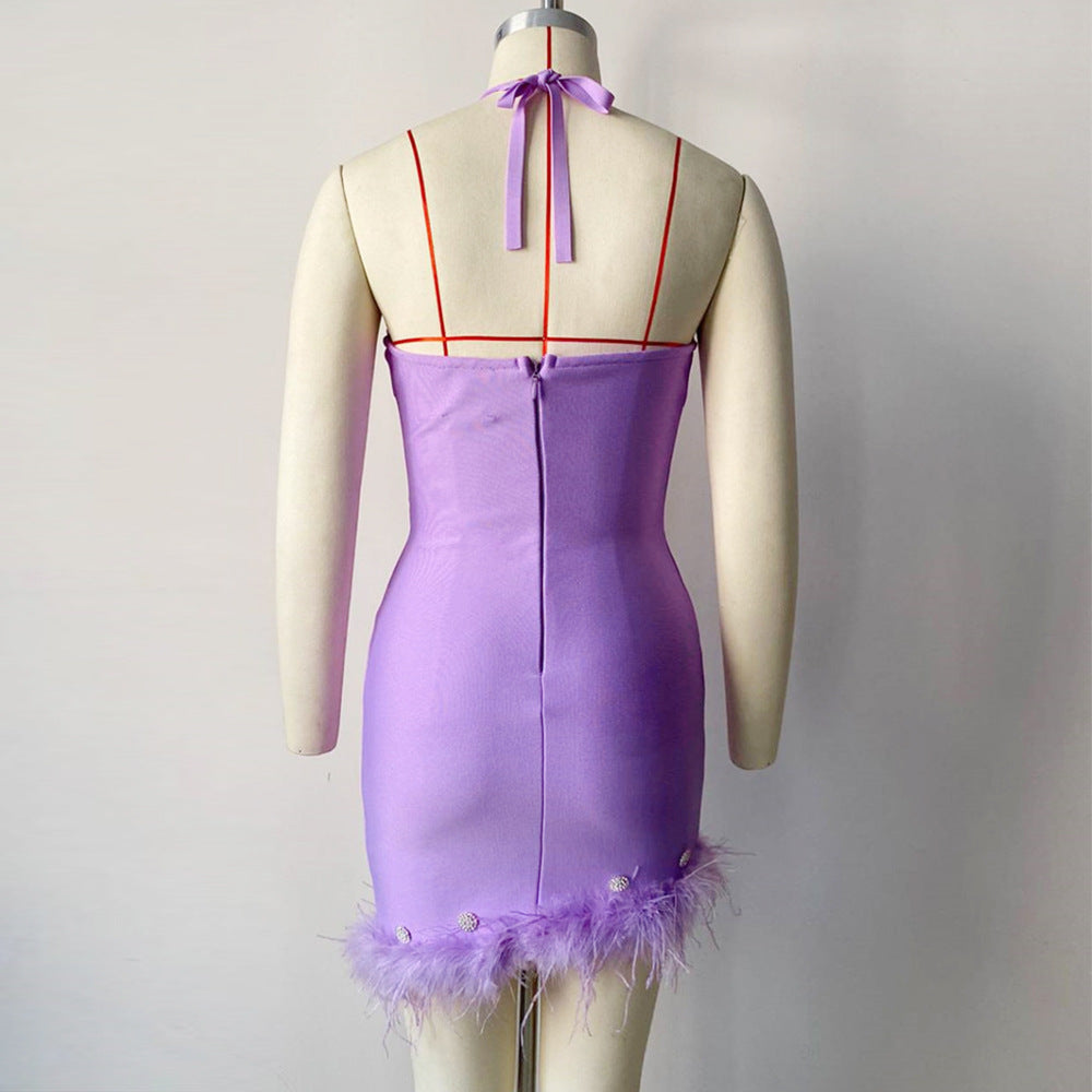 Sexy Halter Diamond Feather Stretch Bandage One Piece Dress Party Dress Bella Mia