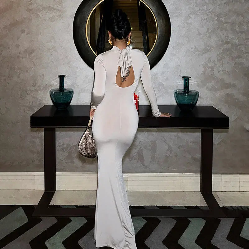 White Socialite Maxi Dress With Cutout Front Tie 3D Floral Long Sleeve Bella Mia