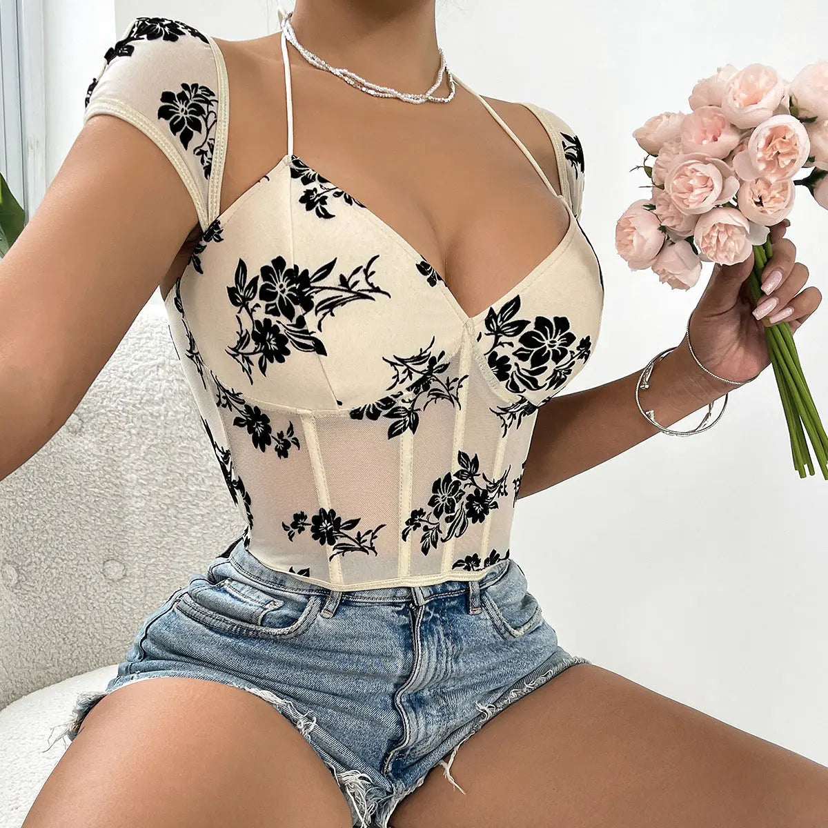 Sexy See Through Boning Corset Short Vest Halter Neck Lace Up Floral Pattern Bella Mia