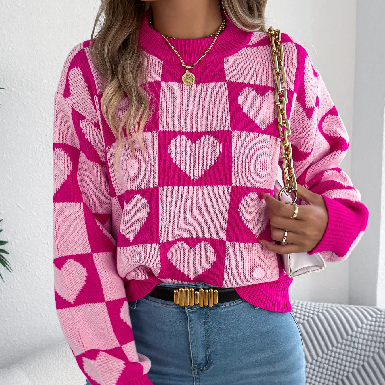 Real Shot Autumn Winter Love Plaid Lantern Long Sleeve Pullover Women Clothing Valentine Day Bella Mia