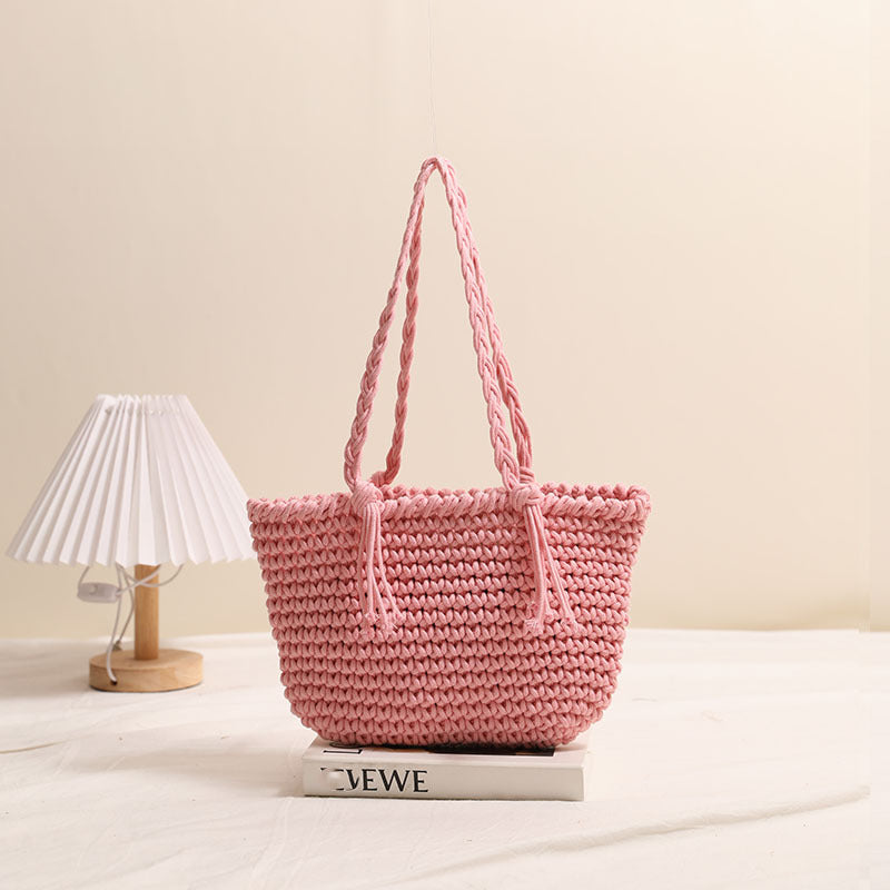 Tassel Shoulder Cotton Thread Woven Bag Solid Color Straw Bag Vacation Beach Bag Casual Women Bag Bella Mia