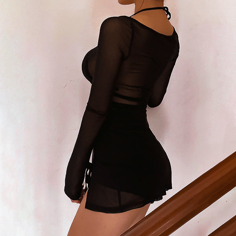 Women Clothing Spring Summer Solid Color Mesh Long Sleeve Split Short Dress for Women Bella Mia