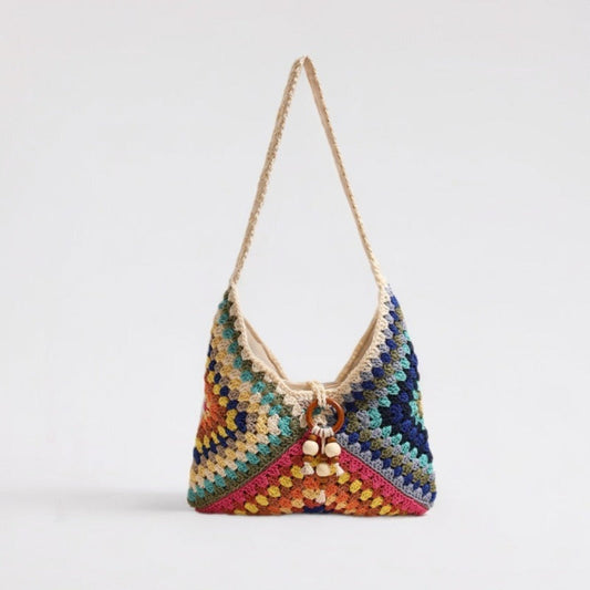 Ethnic Single Shoulder Cotton Thread Woven Bag Color Grandmother Grid Straw Bag Vacation Beach Bag Women Bag Bella Mia
