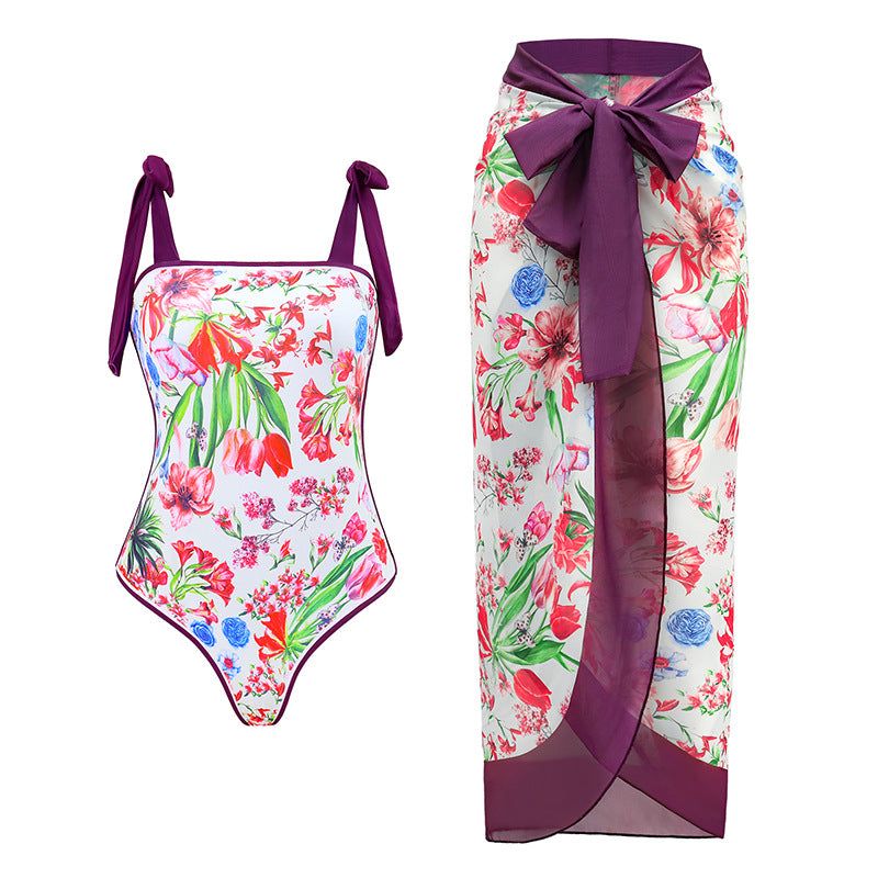 Vintage Printed Swimsuit Conservative Swimsuit Women Polyester Printed Beach Skirt Set Bella Mia