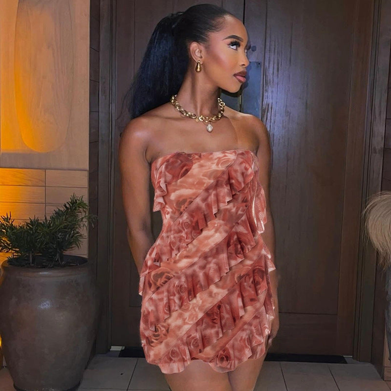 Women Clothing Spring Summer Ruffled Mesh Tube Top Mini Rose Print Sheath Dress Bella Mia