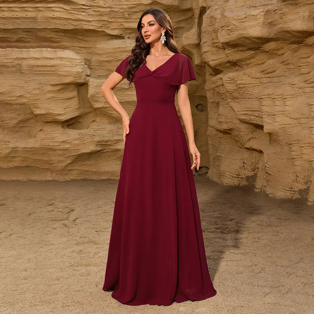 Elegant V Neck Maxi Evening Dress With Bowknot Shawl Back Zipper Fully Lined Bella Mia