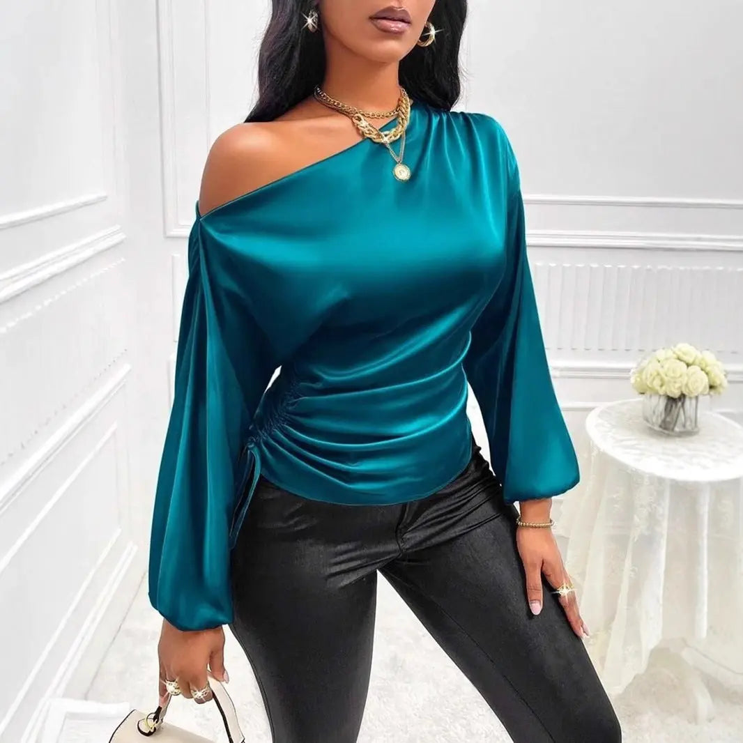 Women Clothes Satin Shirt Autumn Winter Asymmetric Long Sleeve Diagonal Collar Shirt Top Bella Mia