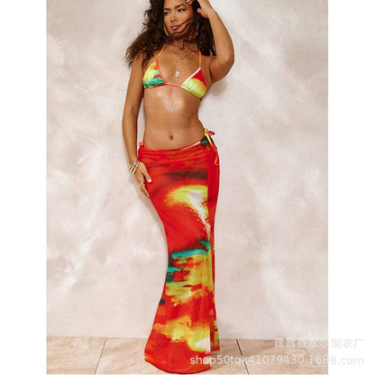 Printed Sexy Bikini Strap Skirt Casual Three Piece Sets