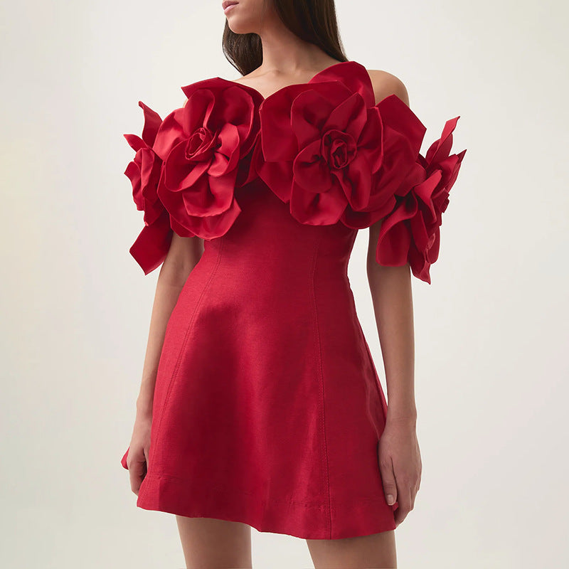 Elegant Socialite Dress Tube Top off Shoulder Three Dimensional Floral Special Interest Design Dress Women Bella Mia