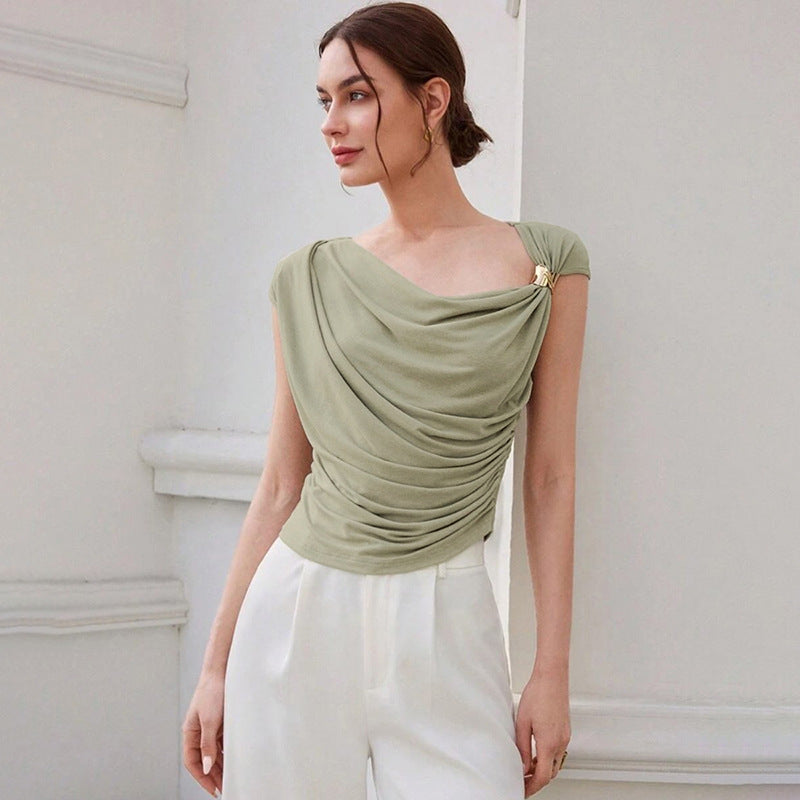 Summer Women Clothing Solid Color Simple Personality Diagonal Collar Sleeveless Cinched Slimming Pullover Women Bella Mia