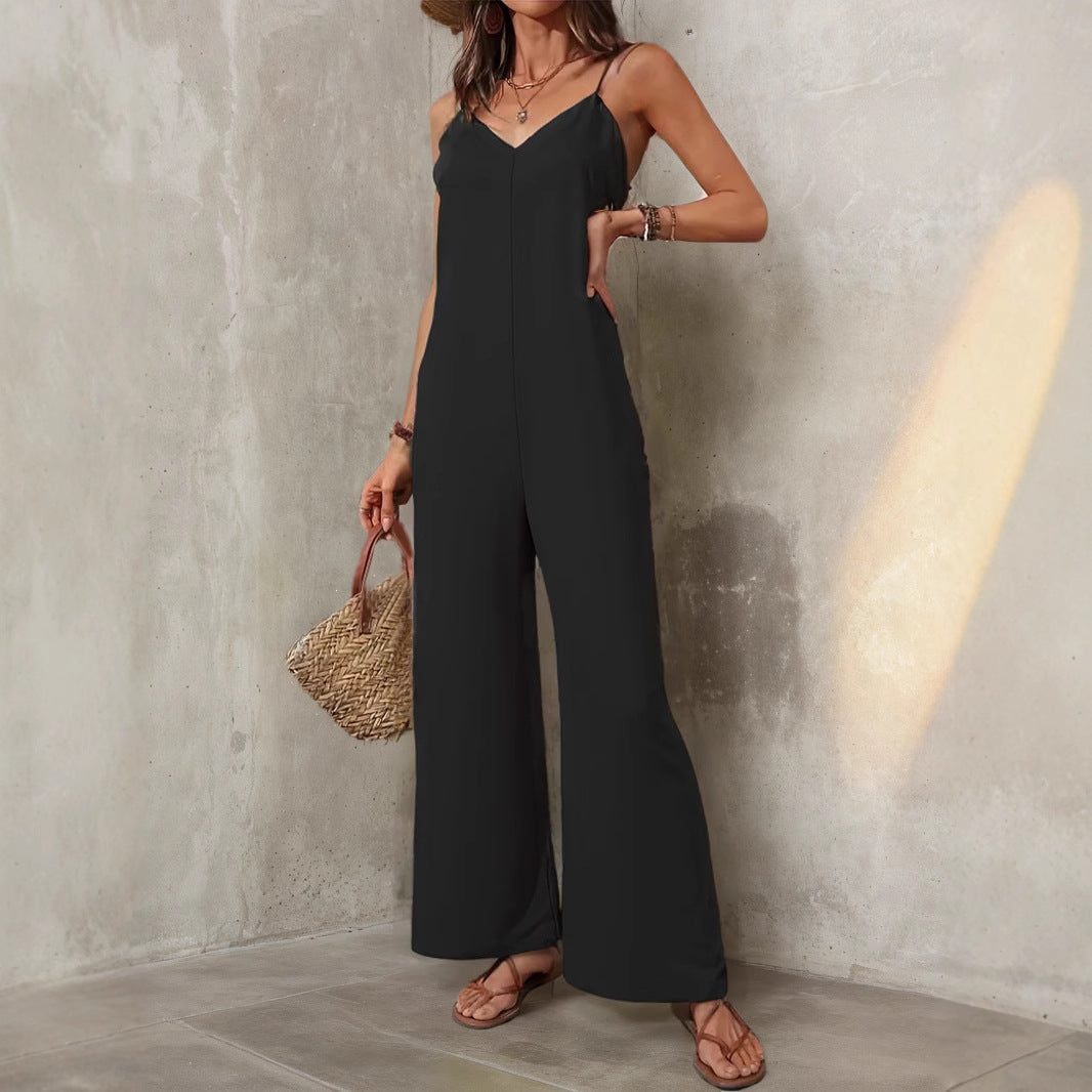 Women Clothing Solid Color Casual Sleeveless Sling Jumpsuit Simple Loose Wide Leg Pants Jumpsuit Bella Mia