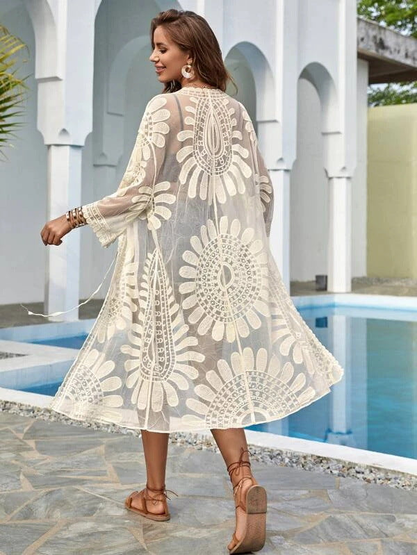 SUNFLOWER Lace Embroidered Beach Cover Up Vacation Sun Protection Cardigan Bella Mia