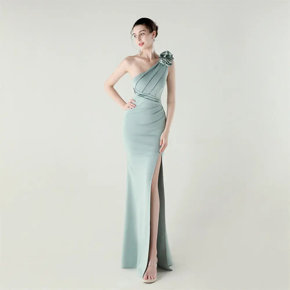 One Shoulder Three Dimensional Floral Satin Folding High Slit Sexy Evening Dress Dinner Wedding Social Bella Mia