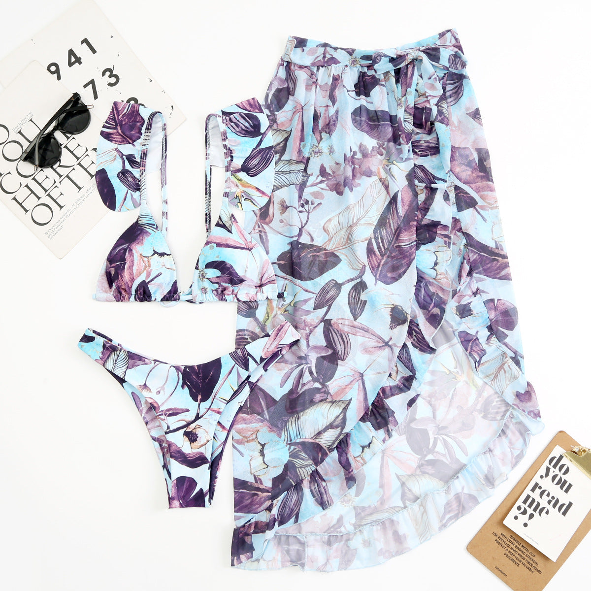 Women Printed Split Sexy Double Sided Mesh Triangle Bikini Swimsuit Three Piece Set Bella Mia