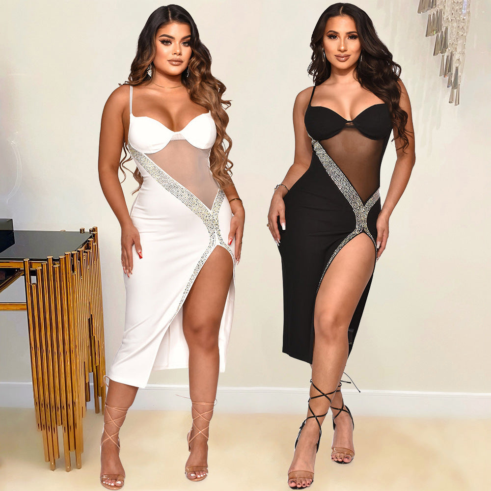 Summer Women Clothing Sexy Strap Rhinestone Split Dress for Women Bella Mia