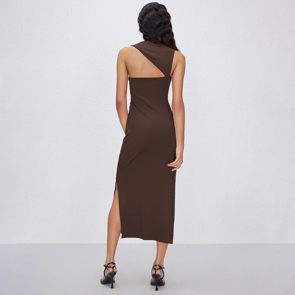 Small Rib Fabric Slim Fit Side Slit Design Back Oblique Backless Sheath Dress Bella Mia