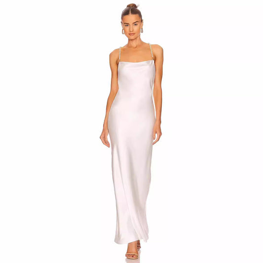 French White Bead Necklace Evening Dress Silk Satin Texture Women Sexy Backless Elegant Party Dress Bella Mia