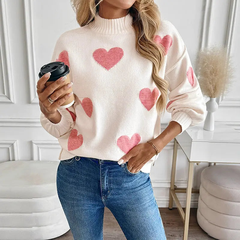 Autumn Winter Inner Love Jacquard Loose Fitting Half High Collar Long Sleeves Sweaters Women Clothing Bella Mia