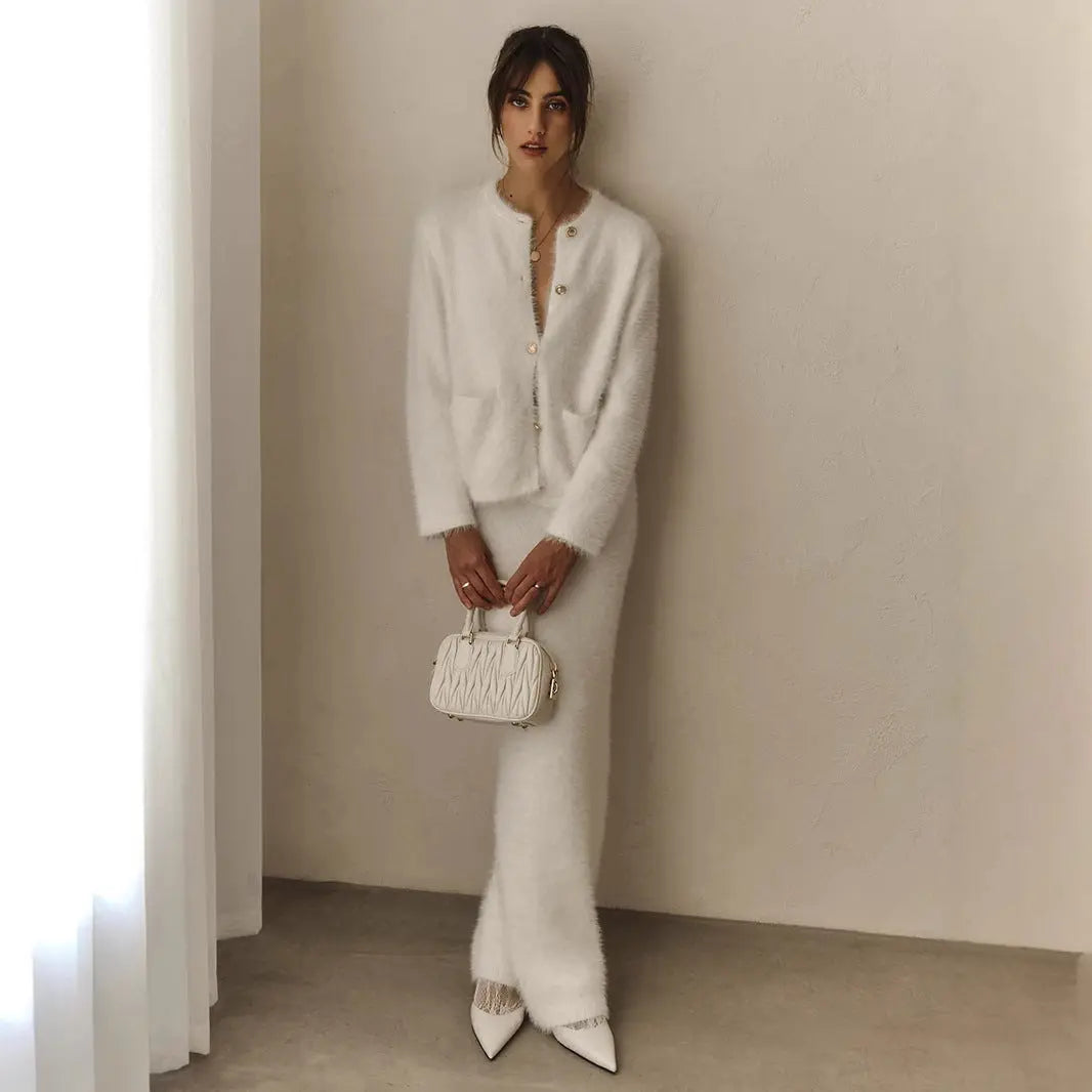 Plush Long-Sleeved Skirt Set Autumn Winter Single Breasted Cardigan Skirt Set Bella Mia