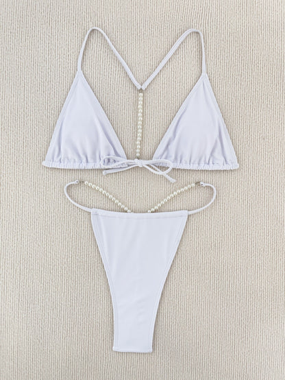 Set Sexy Bikini Pearl Chain Solid Color Swimsuit