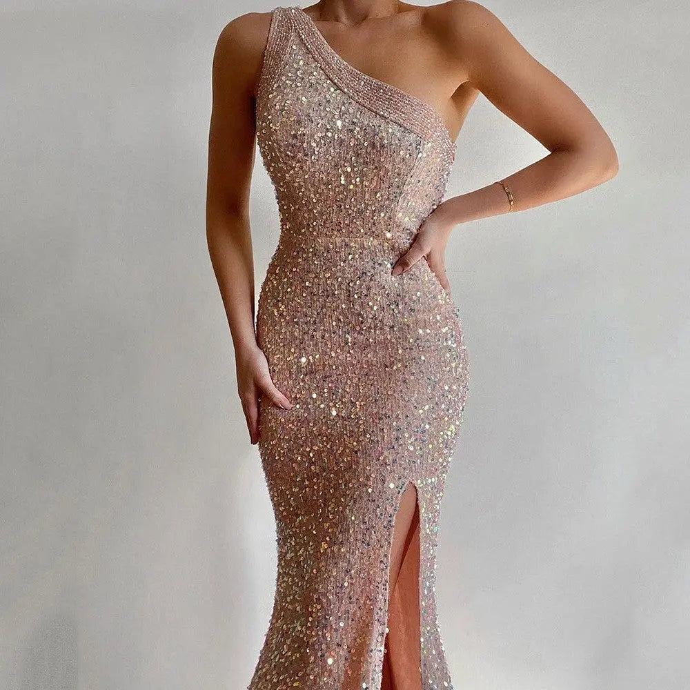 Pink One Shoulder Sequin Midi Dress With Split Zipper Bella Mia