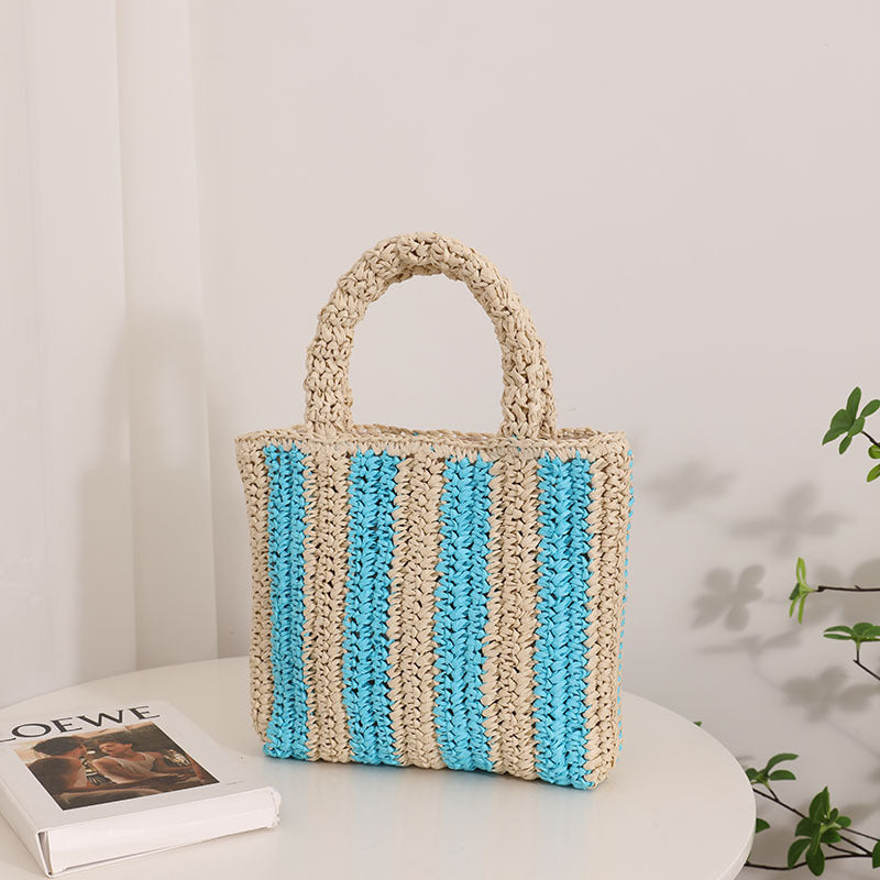 Vertical Stripes French Straw Bag Portable Contrast Color Straw Bag Woven Bag Women's Bag Seaside Vacation Beach Bag Bella Mia