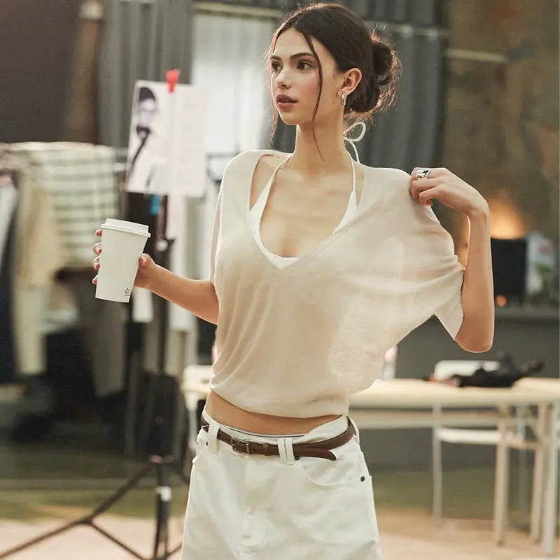 Women Clothing Summer Niche Design See through Anti Blouse Waist Controlled Long Sleeves Top Women Bella Mia