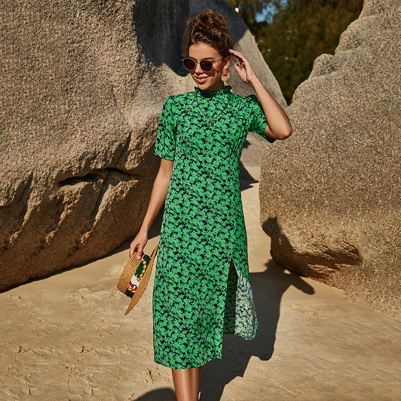 Summer Women Clothing Slimming Sheath Slit Slim-Fitting Floral Short Sleeve Vacation Large Swing Dress Bella Mia