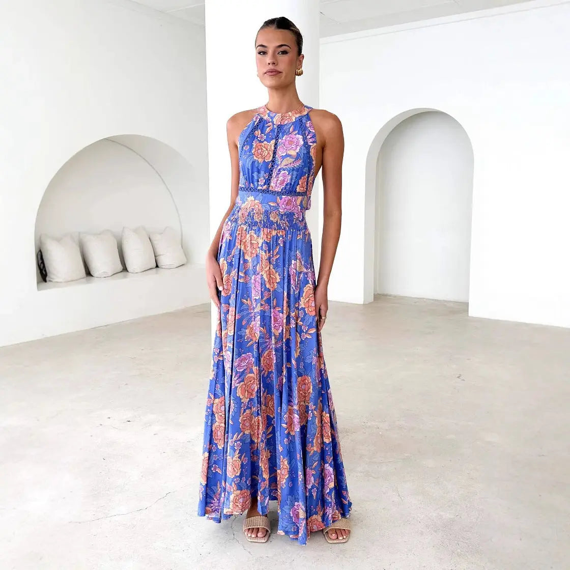 Printed Halter Beach Bohemian High Waist Backless Floral Maxi Dress For Women Bella Mia