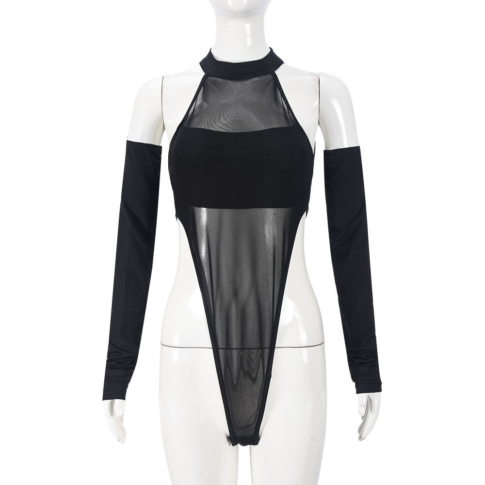 Autumn Winter Sexy Split Long Sleeve Crotch Mesh Hollow Out Cutout High Elastic One Piece Women Top Bella Mia