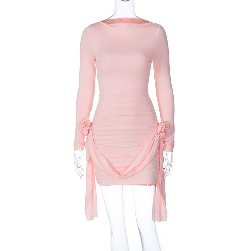 Solid Color Long Sleeve round Neck Slim Fitting Patchwork Ribbon All Match Floral Dress Bella Mia