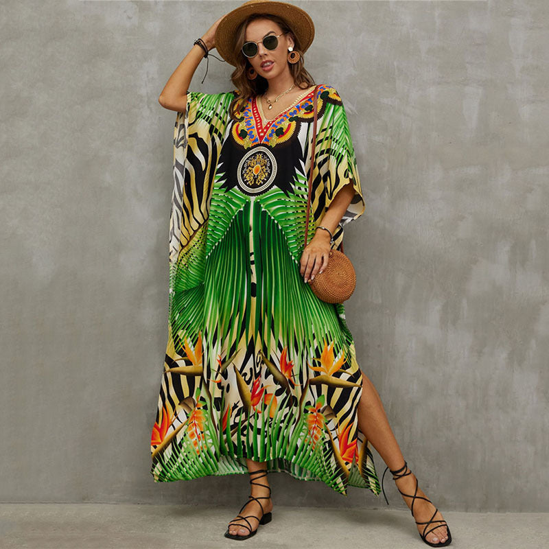 Rayon Positioning Printing Beach Cover Up V Neck Robe Vacation Skirt Bikini Cover Bella Mia