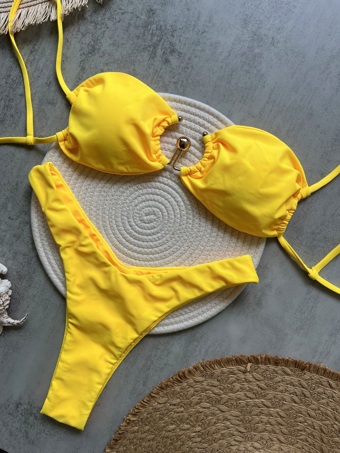 Yellow Metal Accessories Solid Color Bikini Sexy Backless Split Swimsuit Nylon Bikini Bella Mia