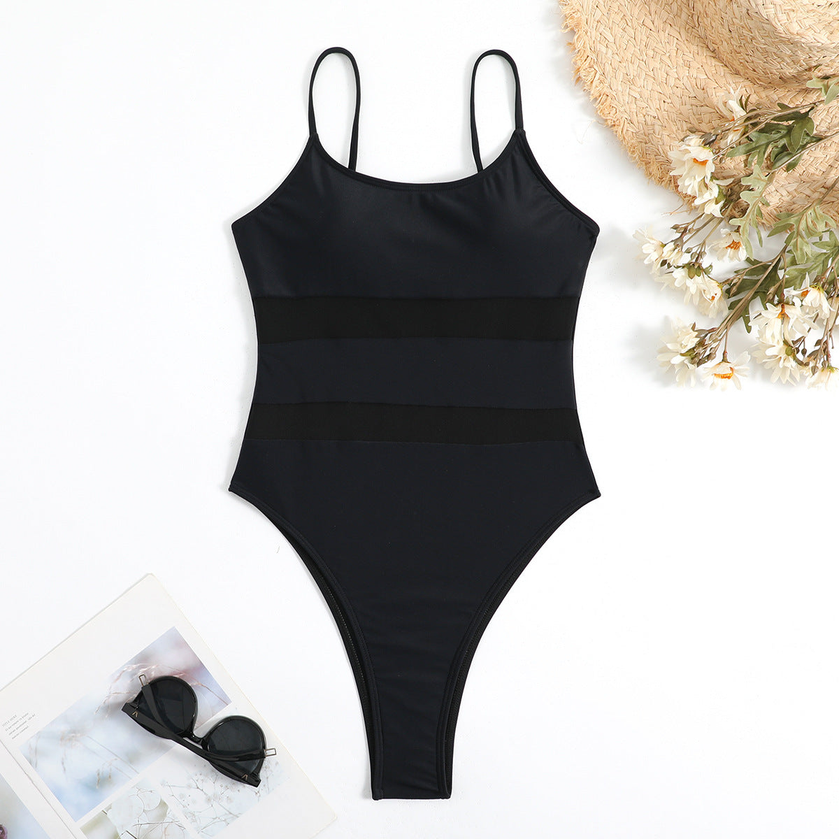 Solid Color Mesh Patchwork One Piece Swimsuit Foreign Single Women Swimsuit Solid Color Mesh Patchwork Bikini