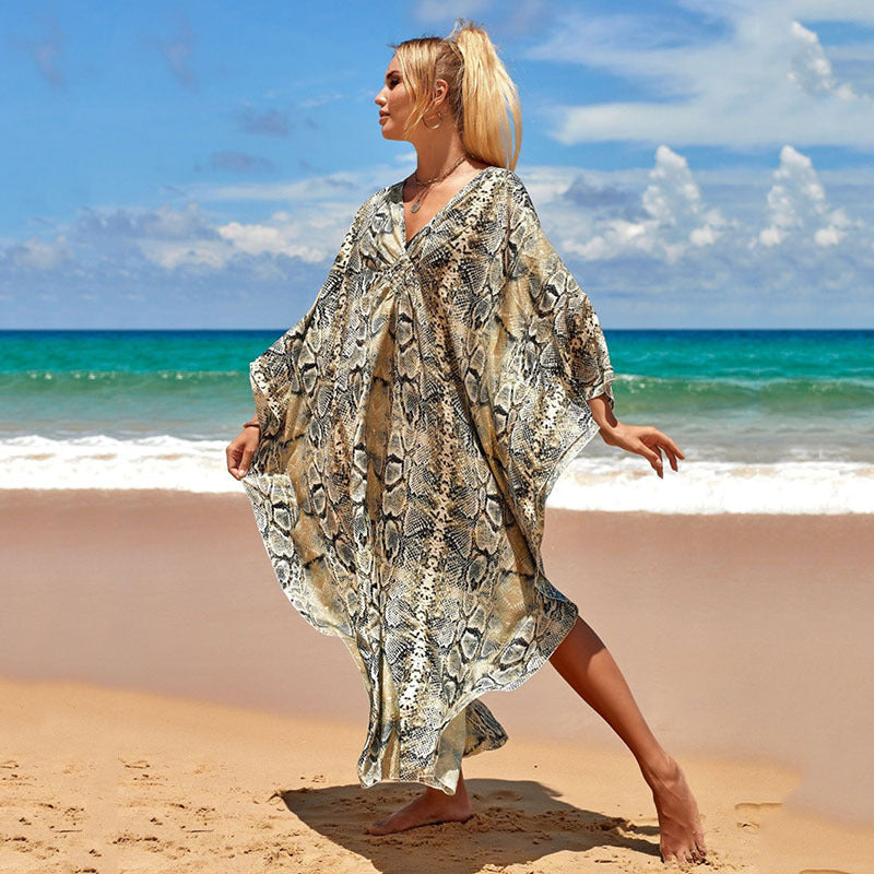 Elastic Printing Beach Cover-up Sexy Loose Chest Woven Vacation Beach Cover Up Bella Mia