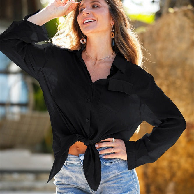 Women Clothing Knitted Crepe Button Shirt Sun Proof Clothing Bikini Swimsuit Beach Cover up Bella Mia