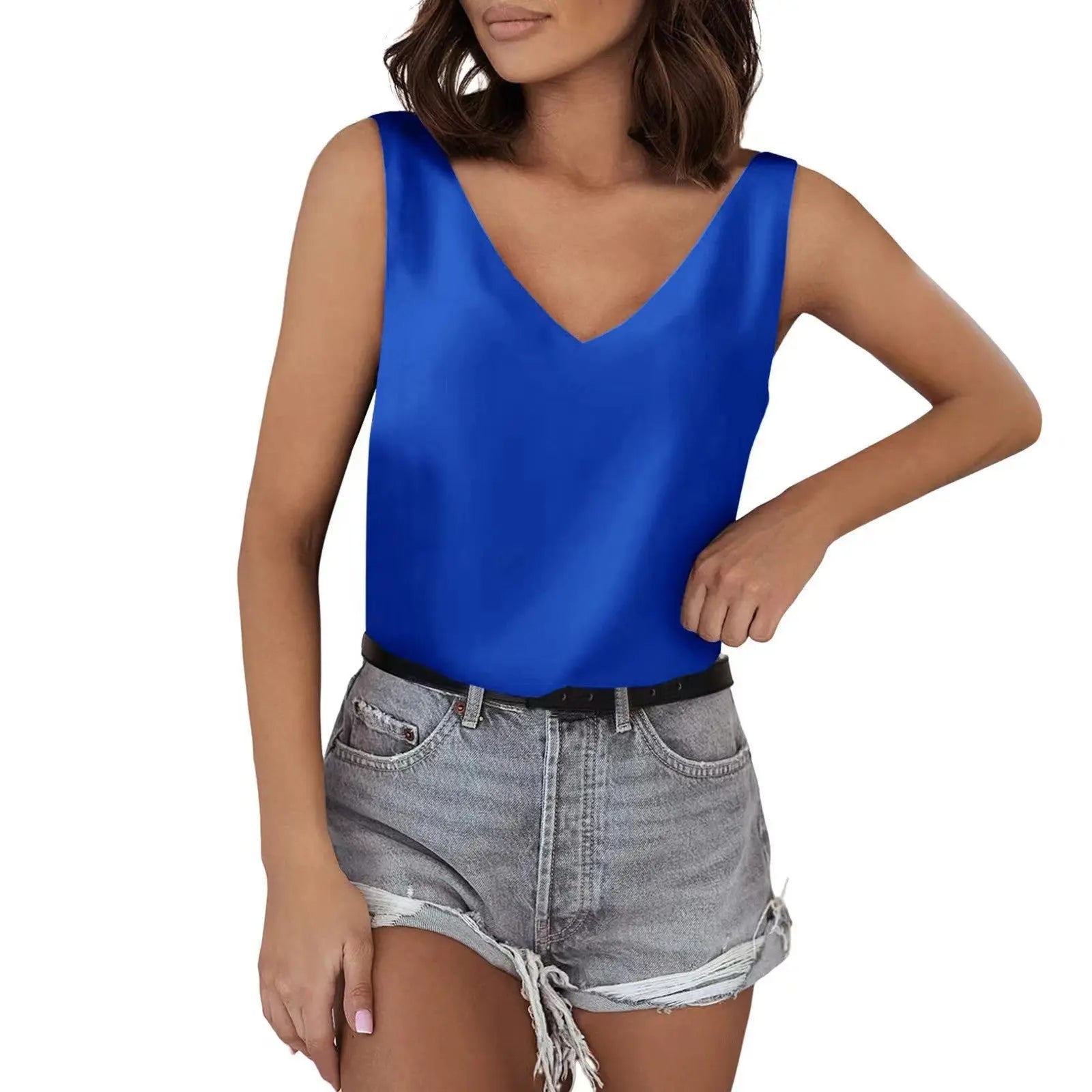 Solid Color Satin Vest V neck Casual Camisole Sleeveless Shirt Summer Basic Bella Mia