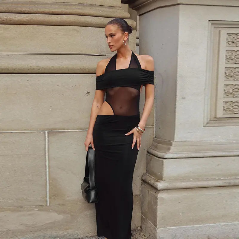 Spring Women Clothing Sexy Halter Mesh Slim Fit Patchwork Backless See through Dress Bella Mia