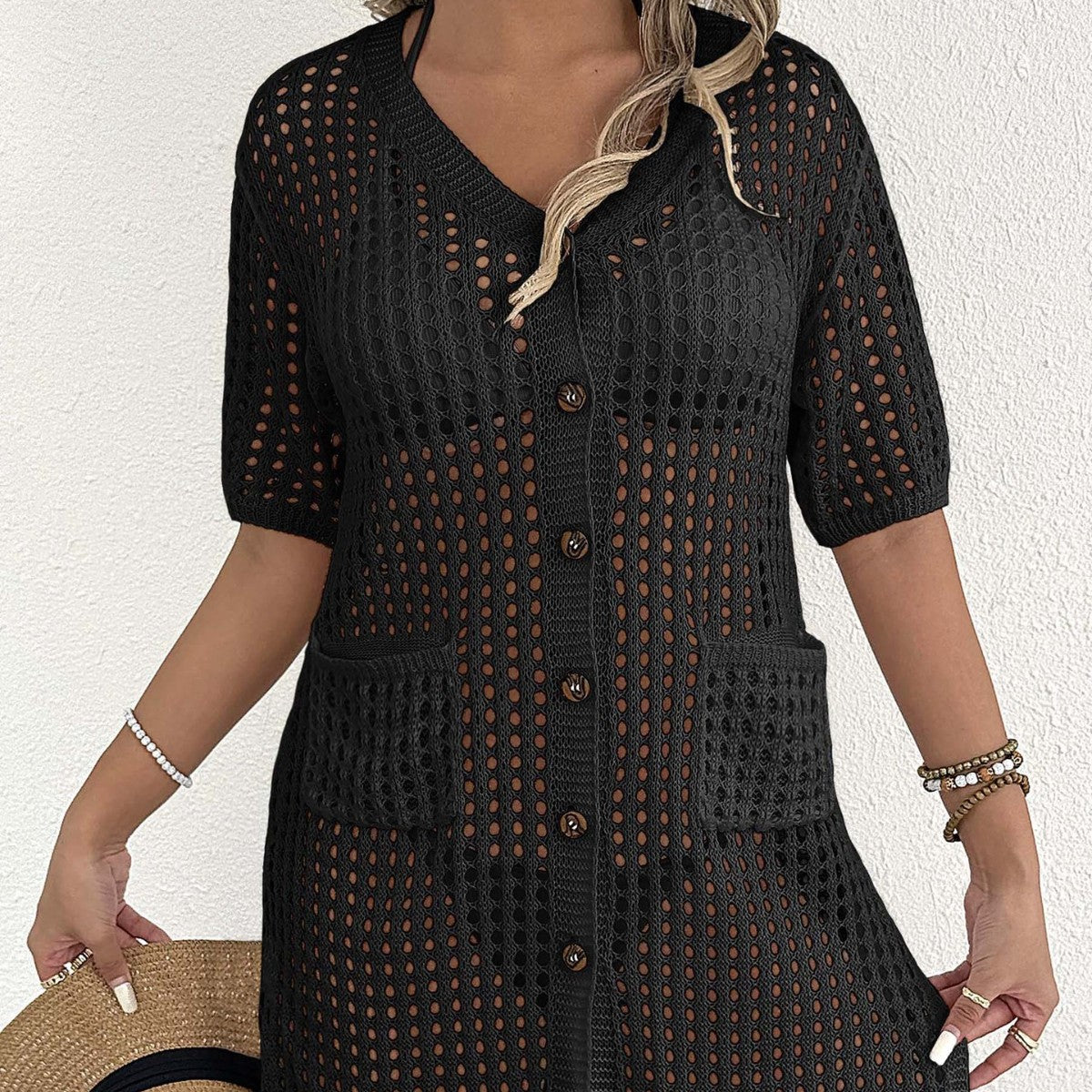 Women Clothing Sexy Cutout Beach Beach Cover Up Button Cardigan Double Pocket Vacation Overclothes Bella Mia