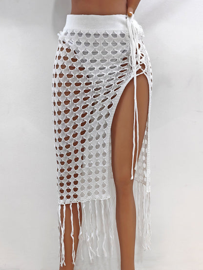 Women Clothing Sexy Cutout Woven Lace up Tassel Dress Split Beach Skirt