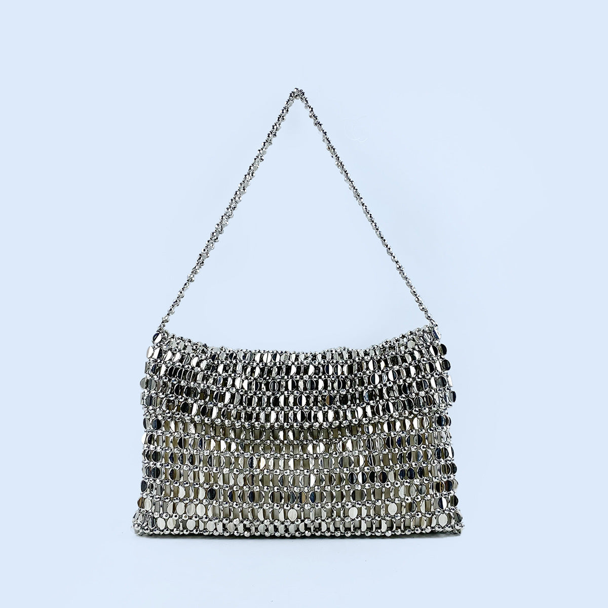 Shiny Flat Melon Seeds Beads Woven Bag Large Capacity Portable Underarm Flip Women Bag Handmade Casual Square Bella Mia