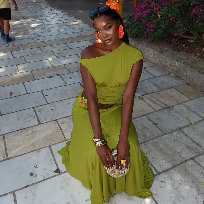 Women Clothing Summer One Shoulder Pleated Slim Fit Skirt Set Bella Mia