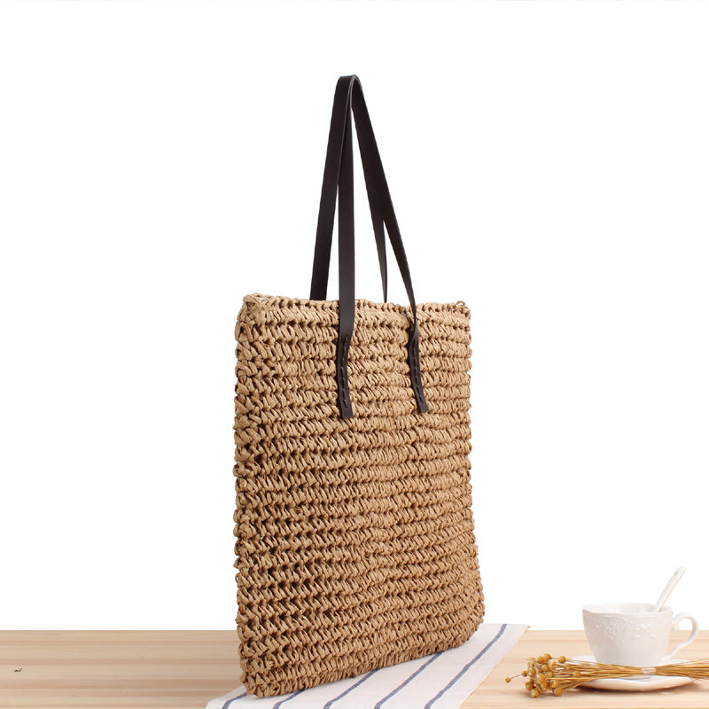 Large Capacity Casual Straw Bag Korean Shoulder Bag Solid Color Handmade Woven Bag Mori Photo Bella Mia