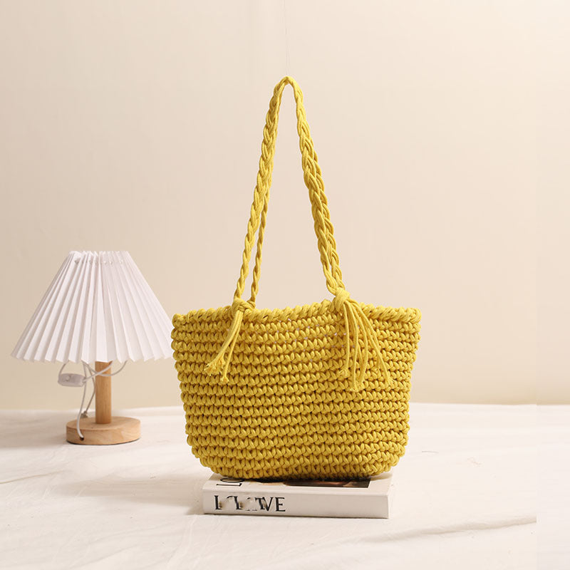 Tassel Shoulder Cotton Thread Woven Bag Solid Color Straw Bag Vacation Beach Bag Casual Women Bag Bella Mia