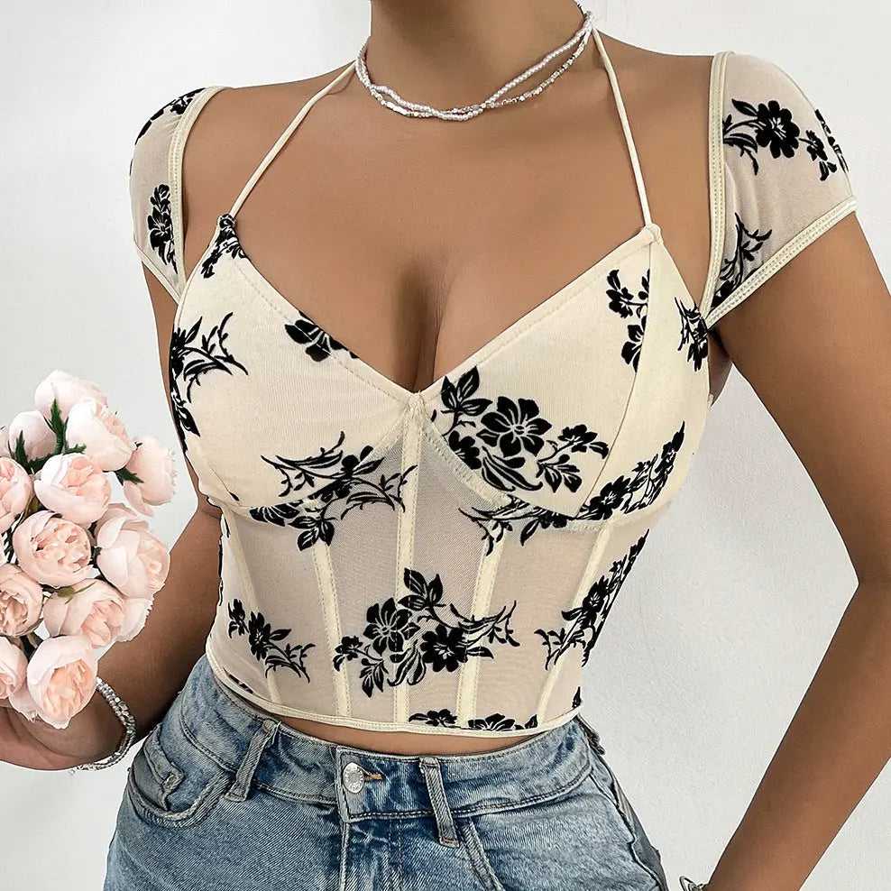 Sexy See Through Boning Corset Short Vest Halter Neck Lace Up Floral Pattern Bella Mia