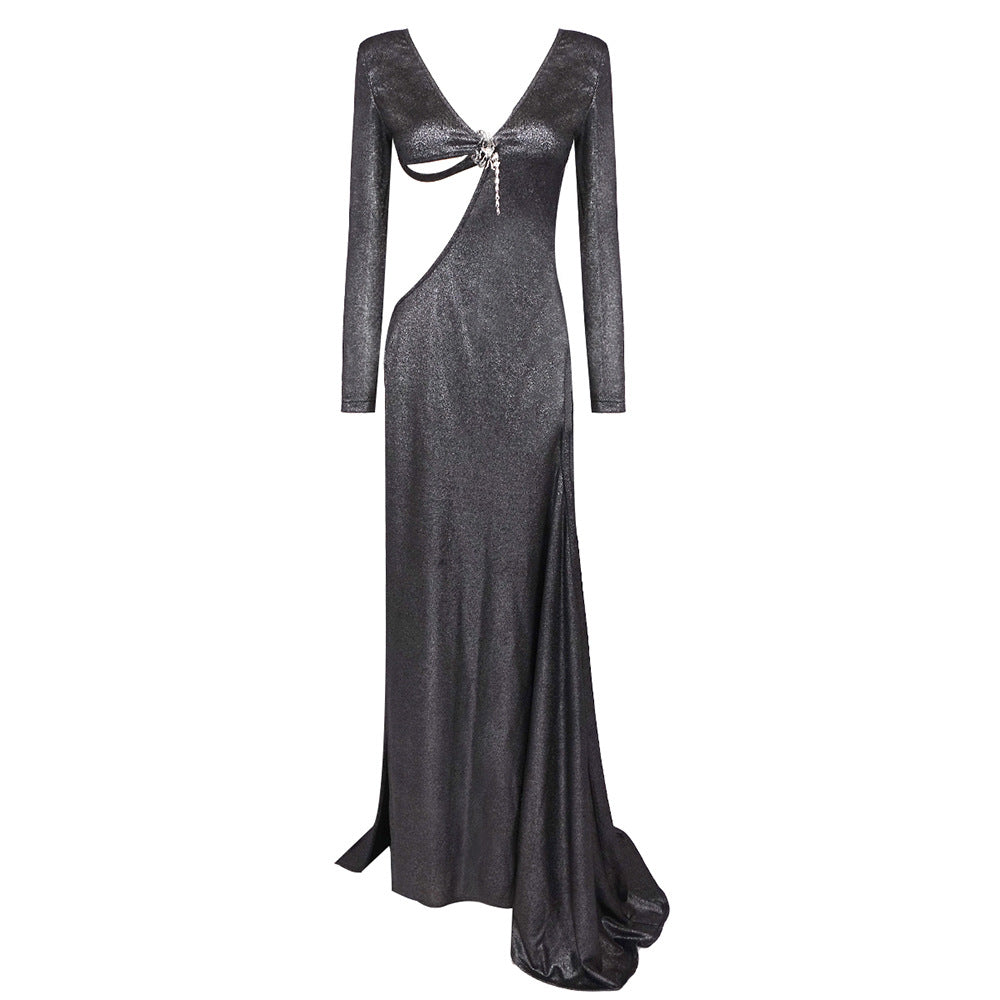 Summer Sexy Women Wear Black Long Sleeve Scorpion Backless Slit Silver Silk Dress Bella Mia