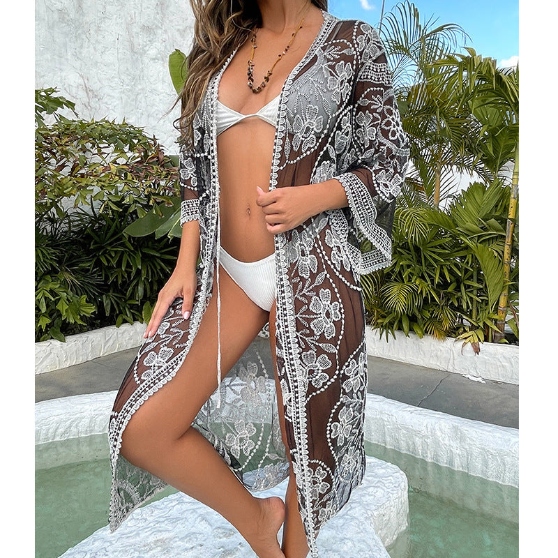 Water Soluble Silk Sun Protection Clothing Hollow Out Cutout Embroidered Strap Loose Sexy Casual Beach Cover Up Bella Mia
