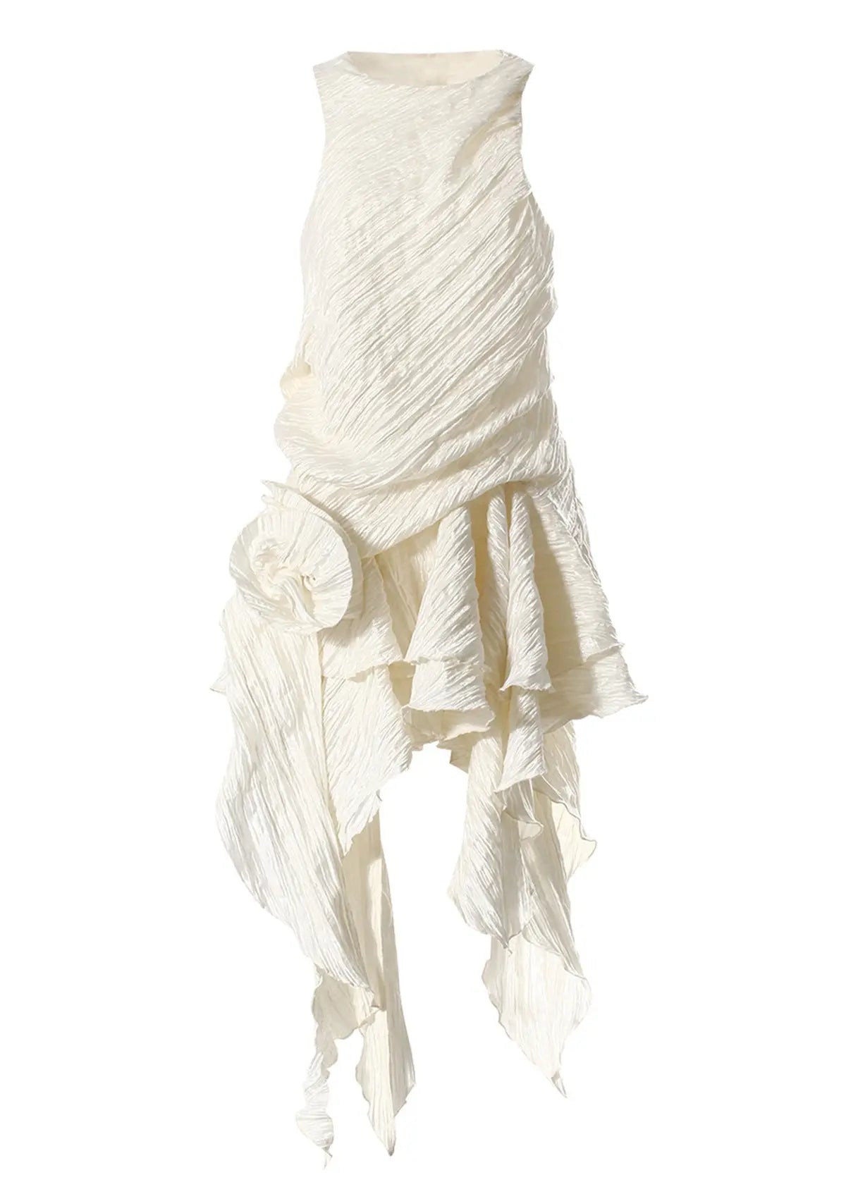 Sleeveless Pleated 3D Asymmetric Dress With Ruffles Retro Floral High Low Hem Bella Mia