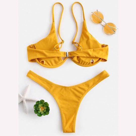 Sexy Bikini Split Gathering Steel Bracket Solid Color Swimsuit Women Bella Mia